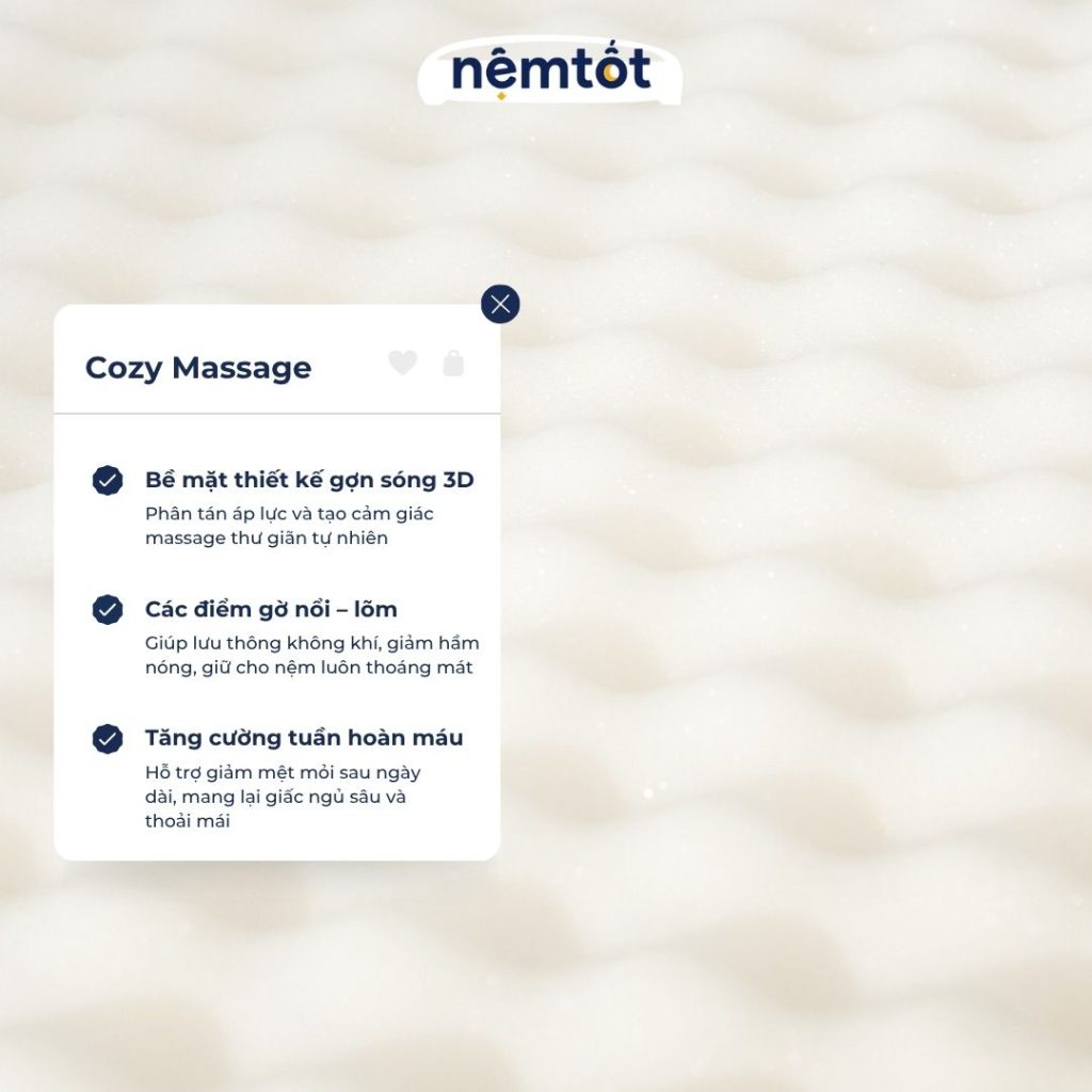 Bảng giá đệm 2mx2m mới nhất 2025 – Đệm king size cao cấp tại Nệm Tốt 47 Nệm Foam Cozy Pro Massage Foam Nguyên Khối Giấc Ngủ Spa Tại Nhà, Êm Dịu - CZY_DFOMS